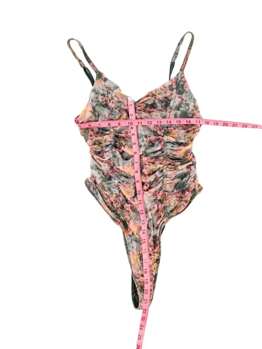 Out From Under Large Floral Lace Lined Adjust Strap Ruched Romantic Body Suit
